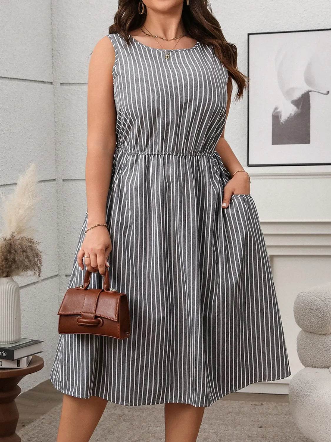 Plus Size Striped Round Neck Sleeveless Dress - Bona Fide Fashion