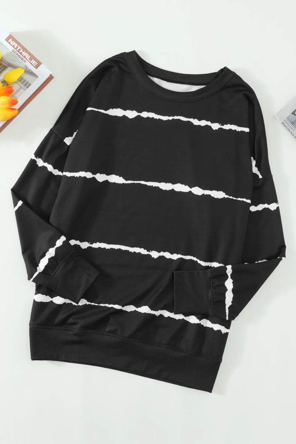 Slit Contrast Striped Round Neck Long Sleeve T-Shirt - Bona Fide Fashion