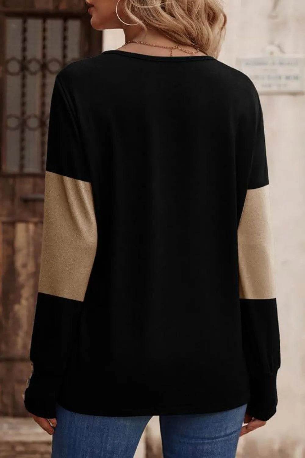 Decorative Button Contrast V-Neck Long Sleeve T-Shirt - Bona Fide Fashion