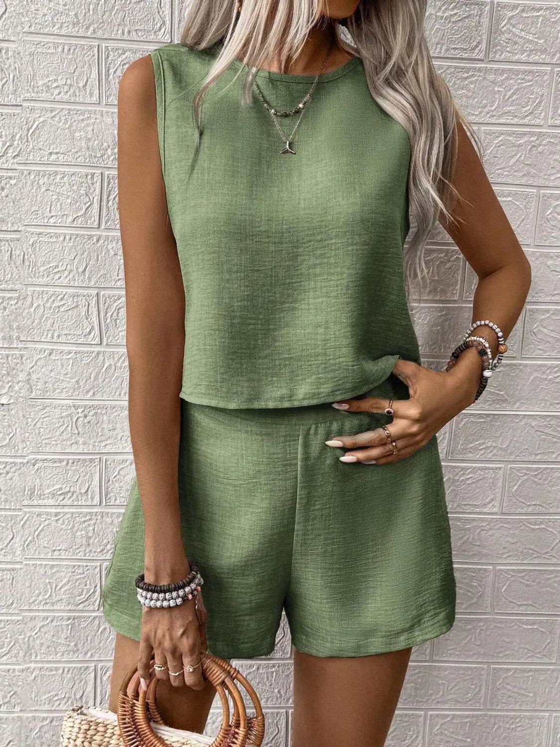 Round Neck Sleeveless Top and Shorts Set - Bona Fide Fashion