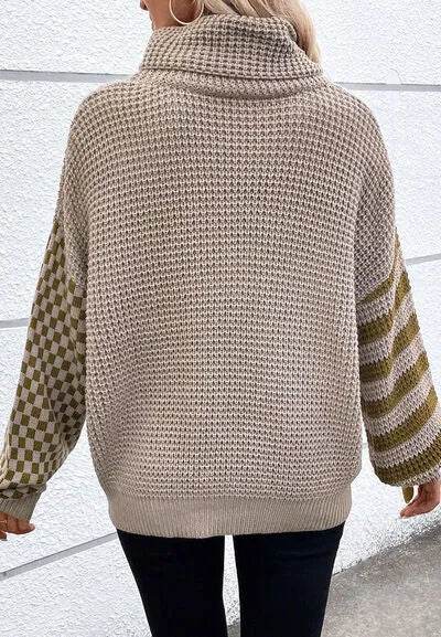 Striped & Checkered Turtleneck Dropped Shoulder Sweater - Bona Fide Fashion