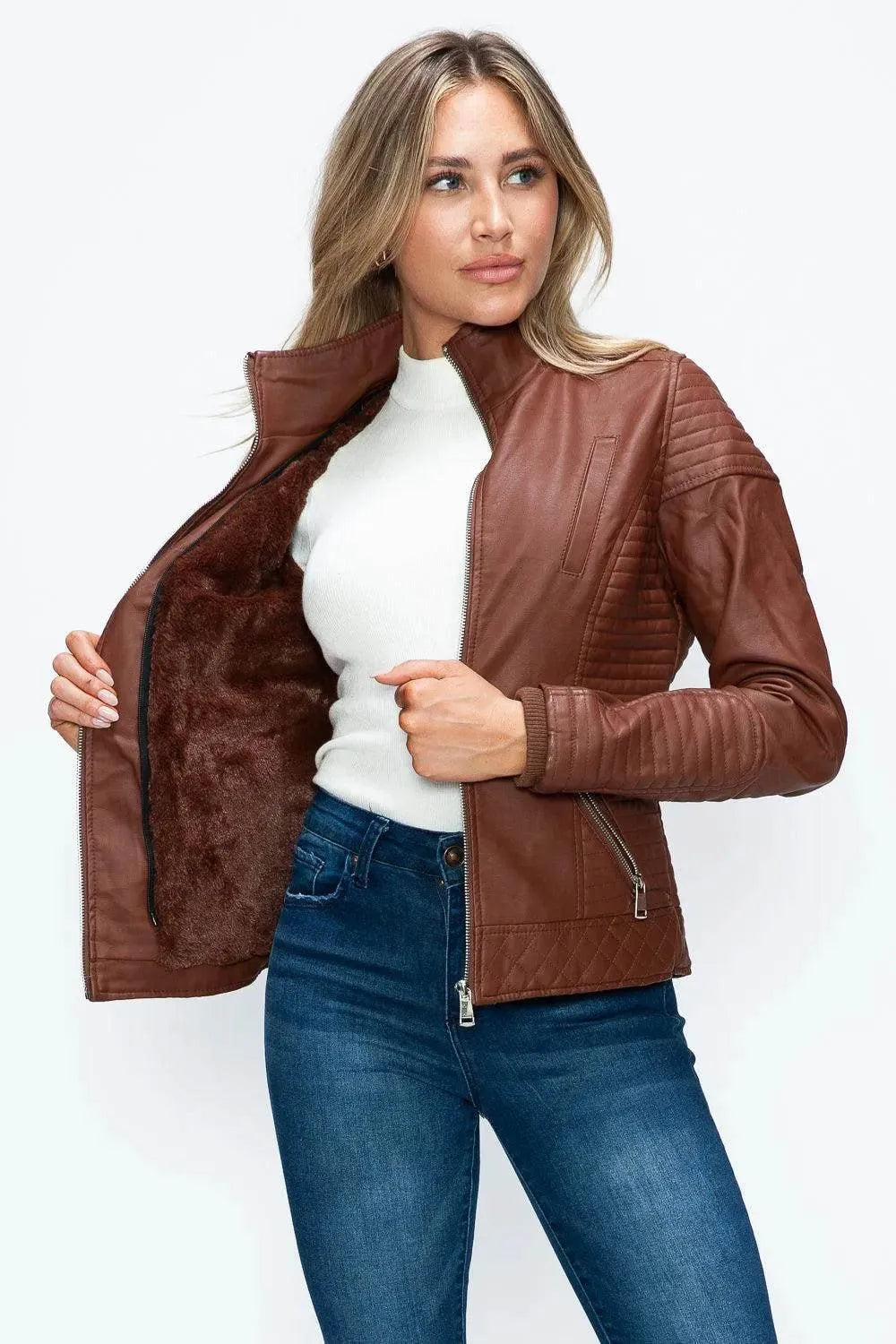 YMI Faux Layered Double-Zipper Jacket with Fuzzy Hood - Bona Fide Fashion