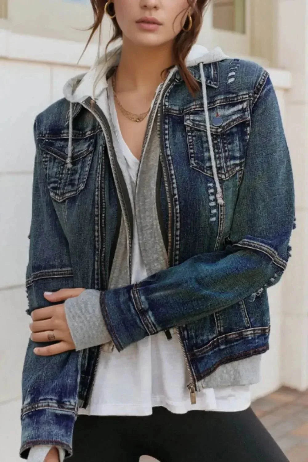 Fake Two-Piece Hooded Zip-Up Denim Jacket - Bona Fide Fashion