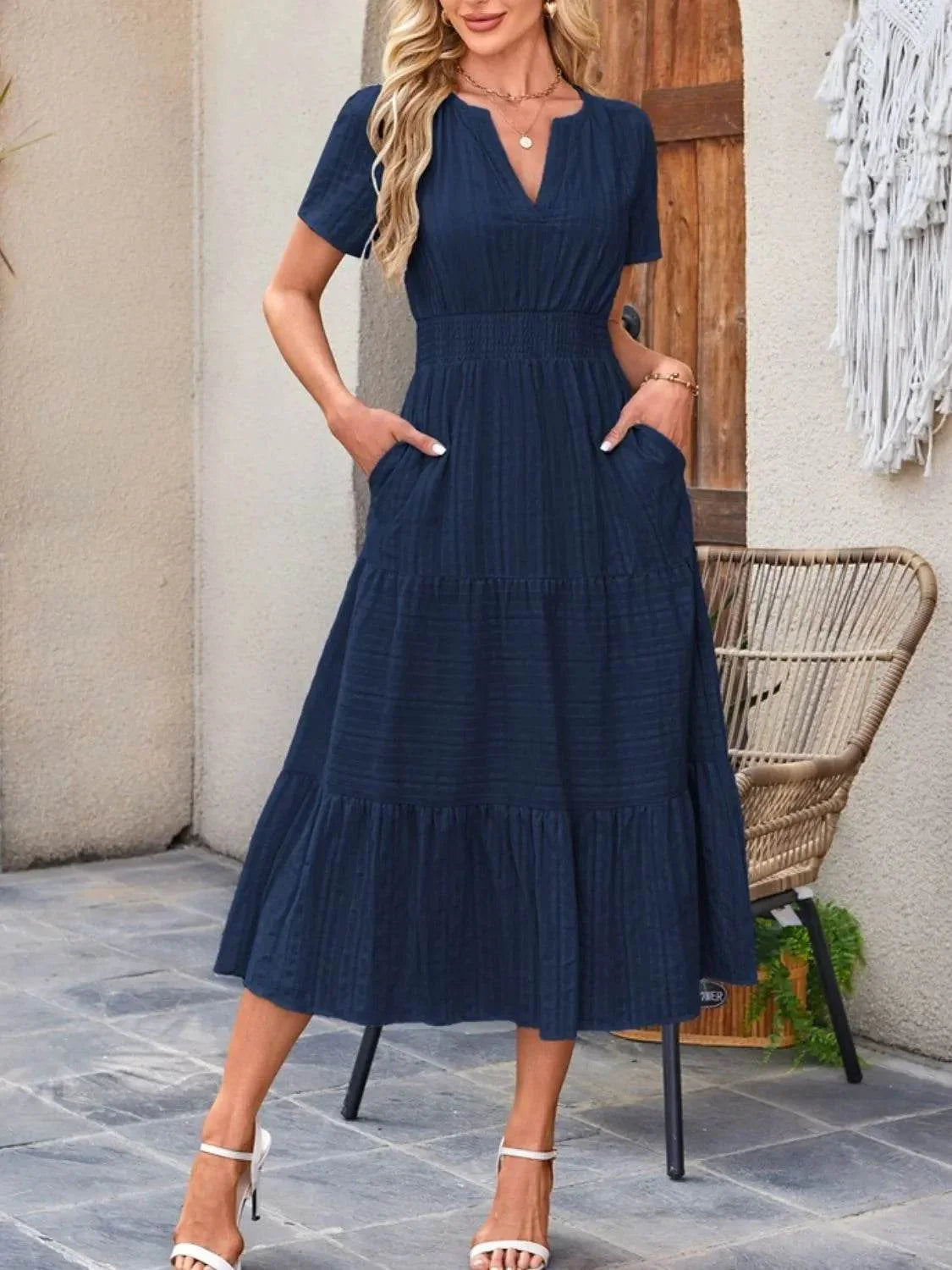 Tiered Notched Short Sleeve Dress - Bona Fide Fashion