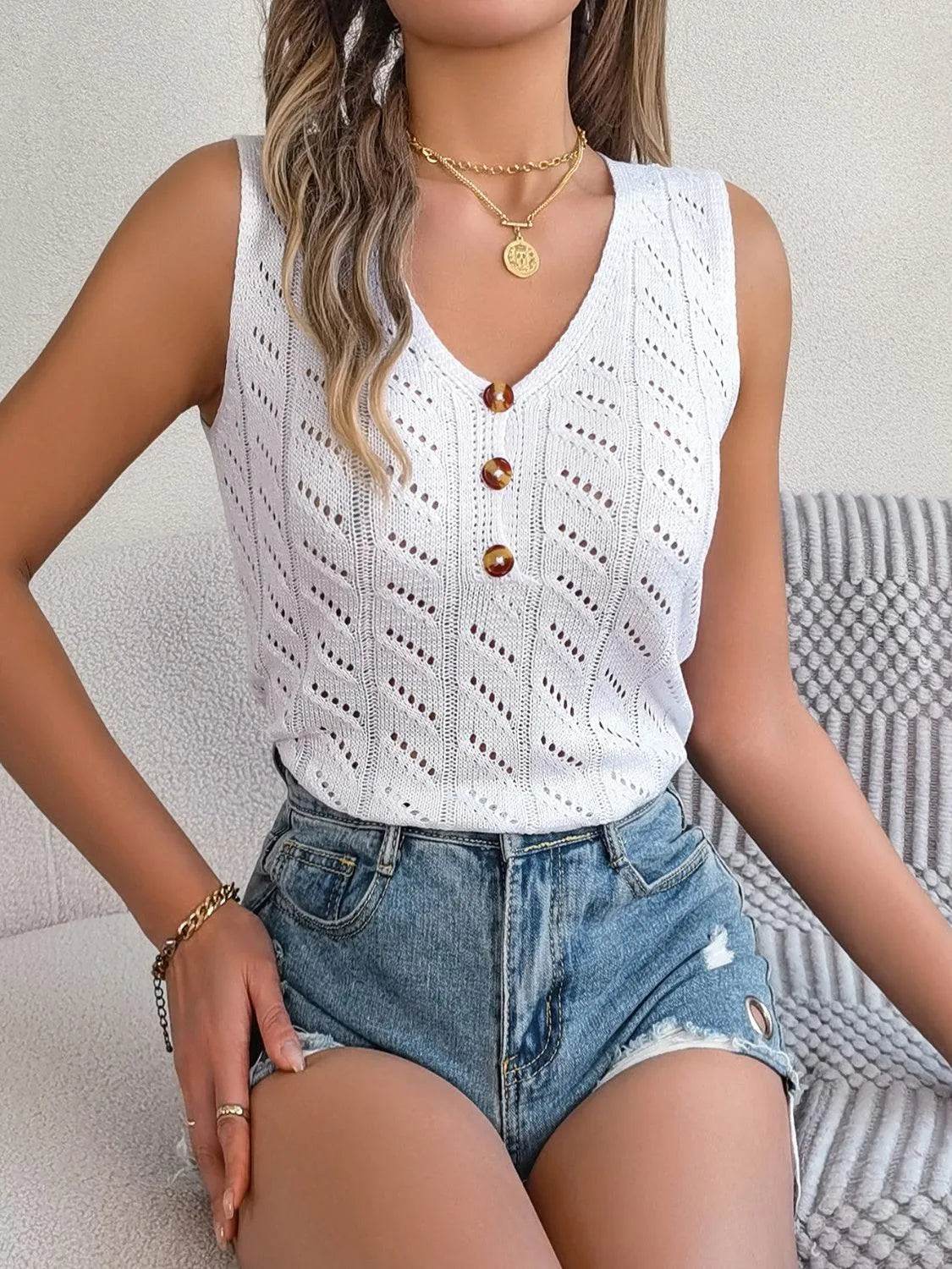 Bona Fide Fashion - Openwork V-Neck Knit Vest - Women Fashion - Bona Fide Fashion
