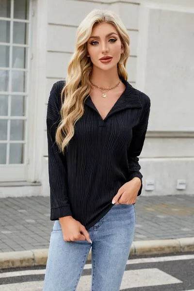 Texture Collared Neck Long Sleeve Blouse - Bona Fide Fashion
