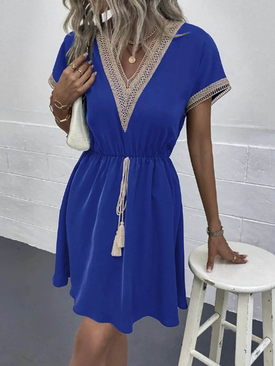 Full Size Tassel V-Neck Short Sleeve Dress Plus Size - Bona Fide Fashion