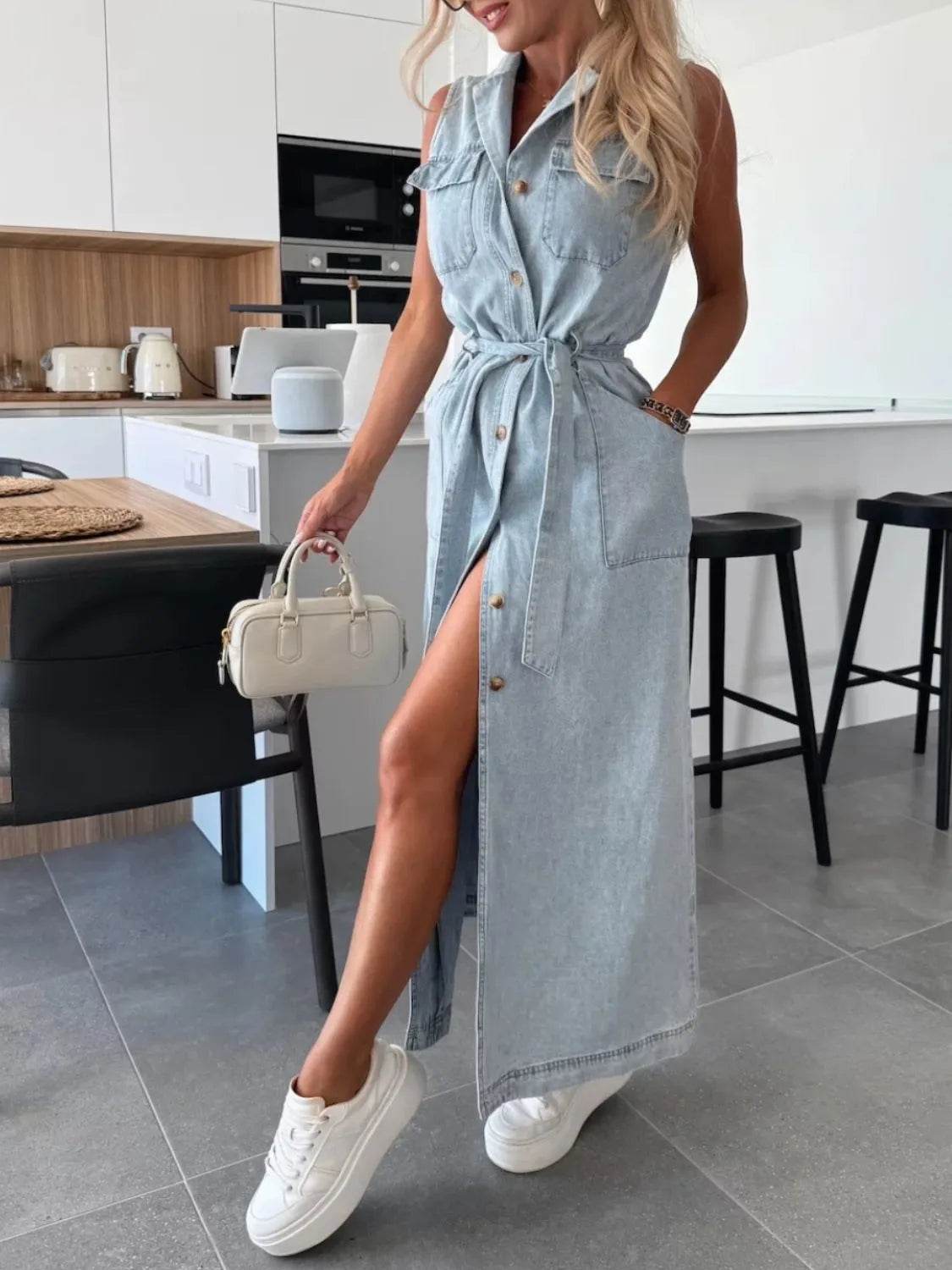 Button Front Sleeveless Denim Dress - Bona Fide Fashion