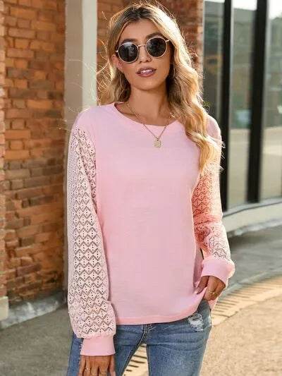 Full Size Round Neck Lace Long Sleeve T-Shirt Plus Size - Bona Fide Fashion