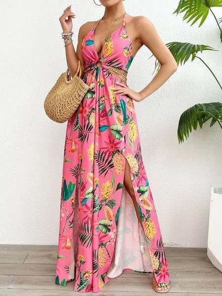 Women's Floral Print Chain Decor Split Thigh Tie Back Cami Dress, Halter Backless Maxi Dress, Beach Vacation Dress H6VE68KF2K - Bona Fide Fashion