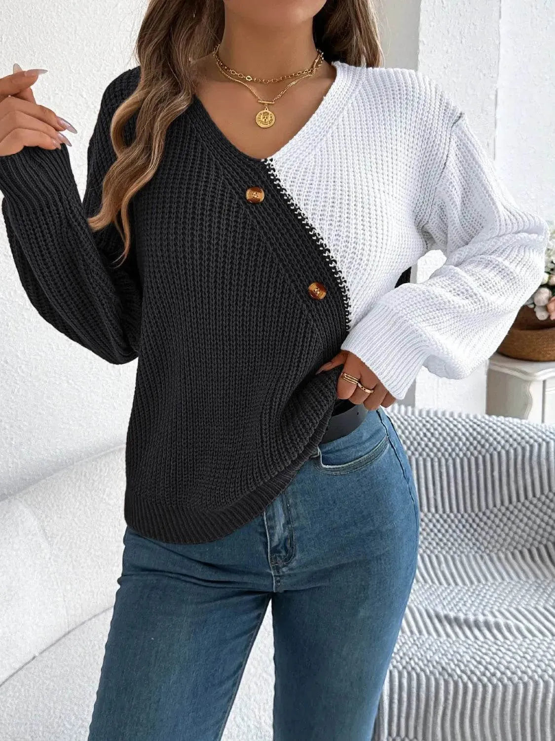 Two-Tone V-Neck Long Sleeve Sweater - Bona Fide Fashion