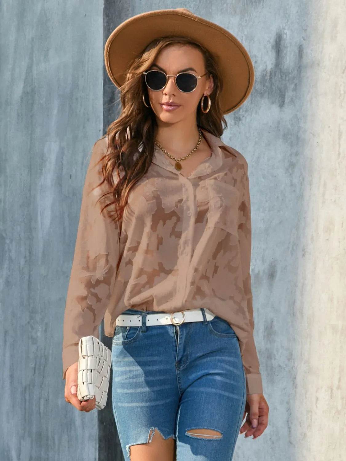 Full Size Collared Neck Long Sleeve Shirt Plus Size - Bona Fide Fashion