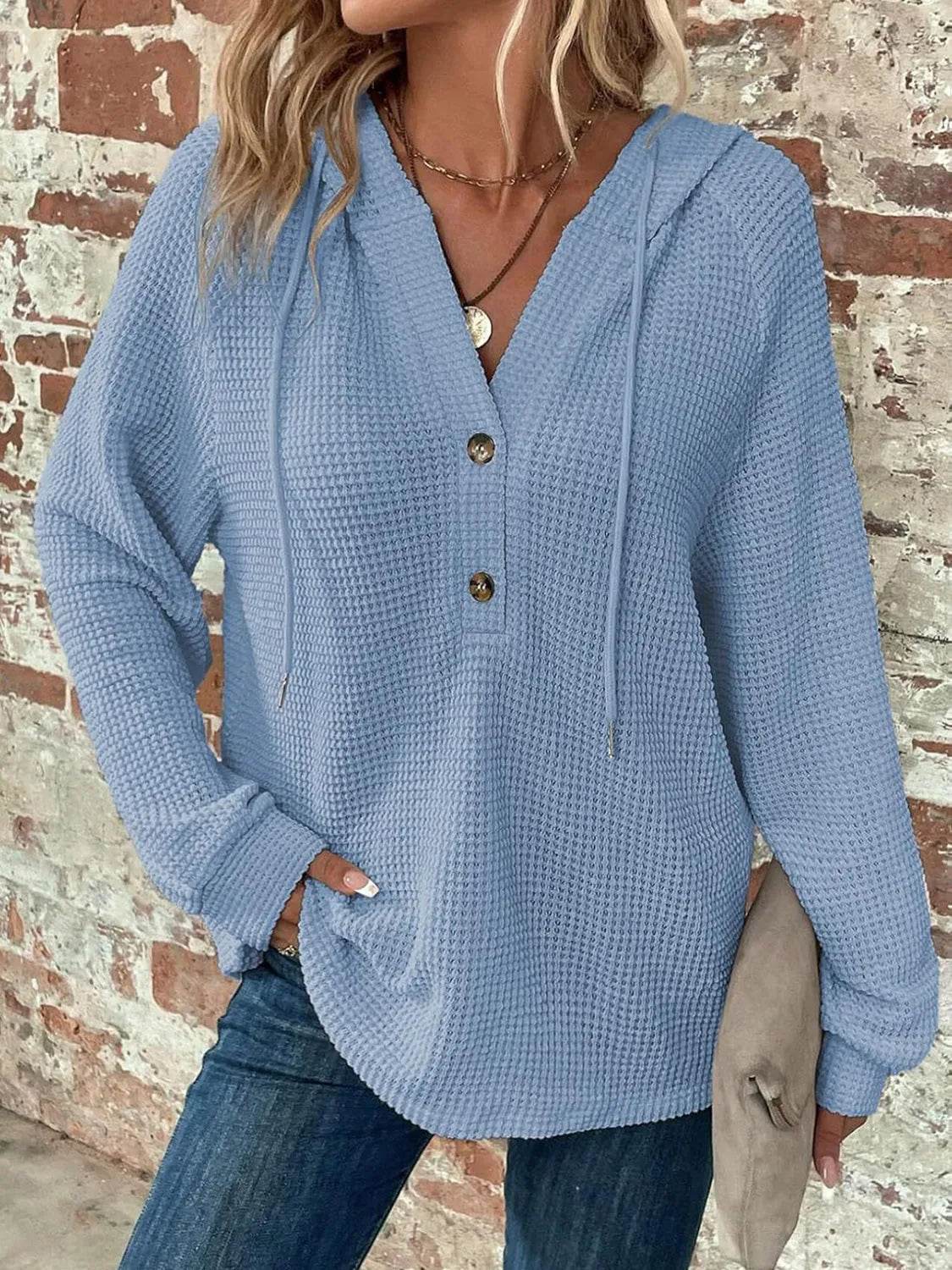 Waffle Knit Long Sleeve Drawstring Hooded Top - Bona Fide Fashion