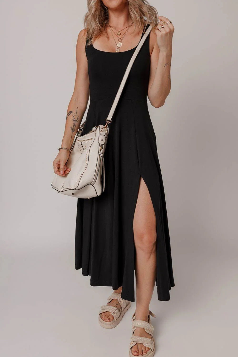 Side Slit Scoop Neck Wide Strap Dress - Bona Fide Fashion