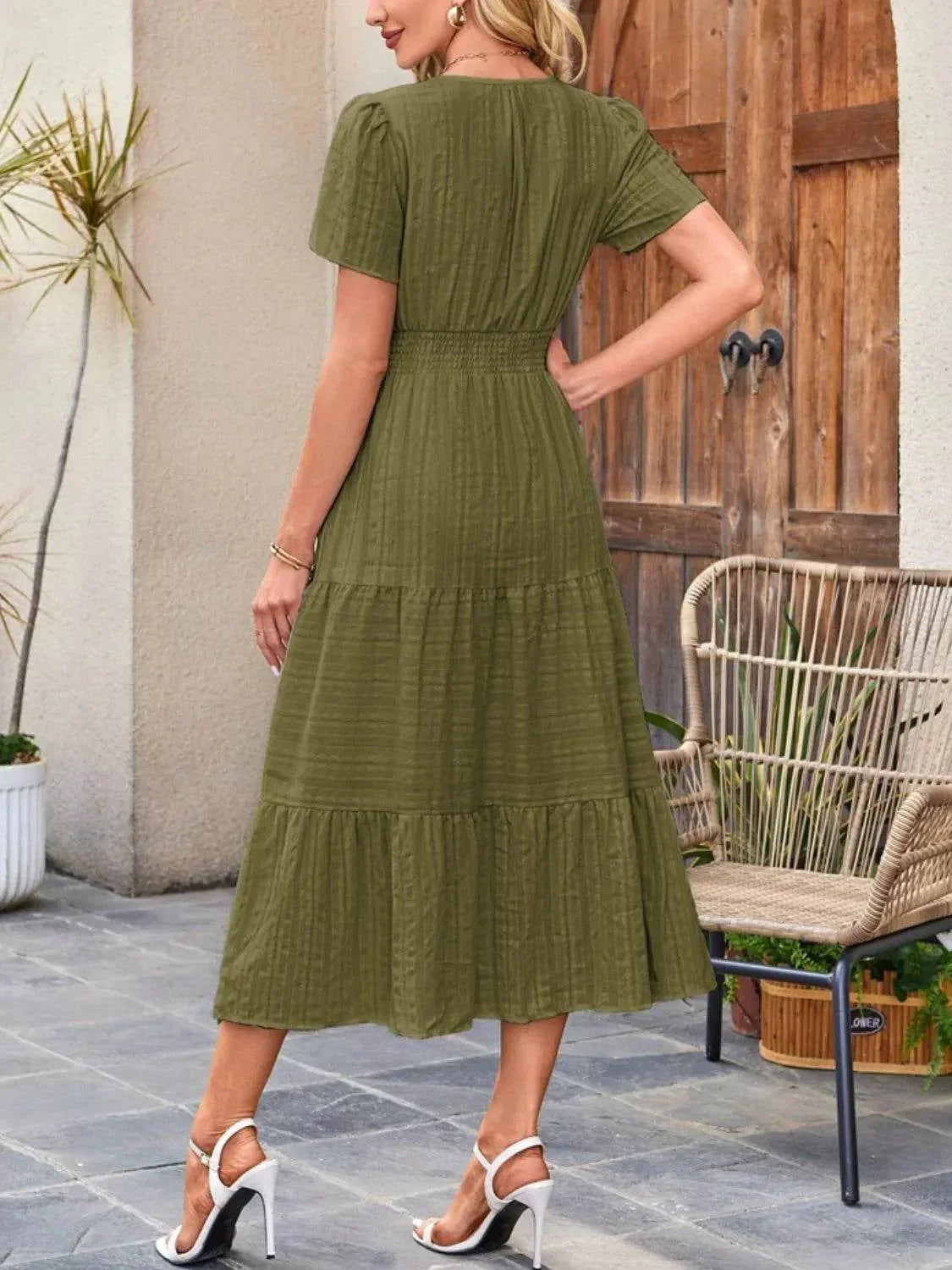 Tiered Notched Short Sleeve Dress - Bona Fide Fashion