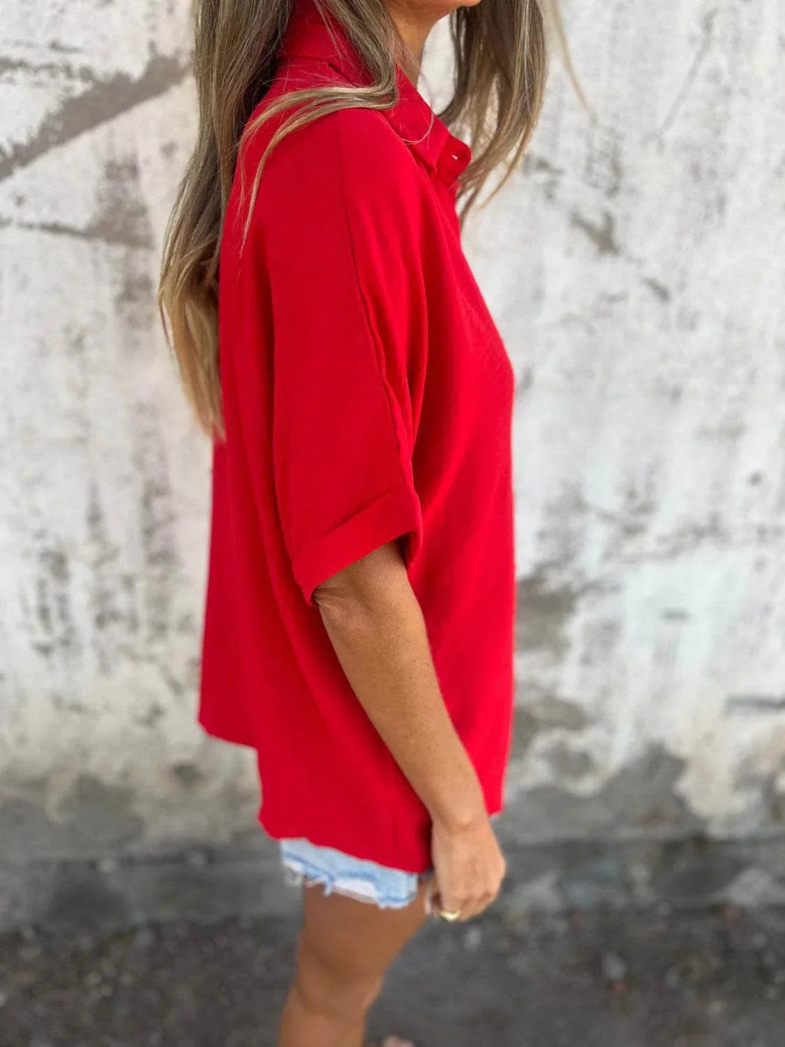 Full Size Collared Neck Half Sleeve Shirt Plus Size - Bona Fide Fashion