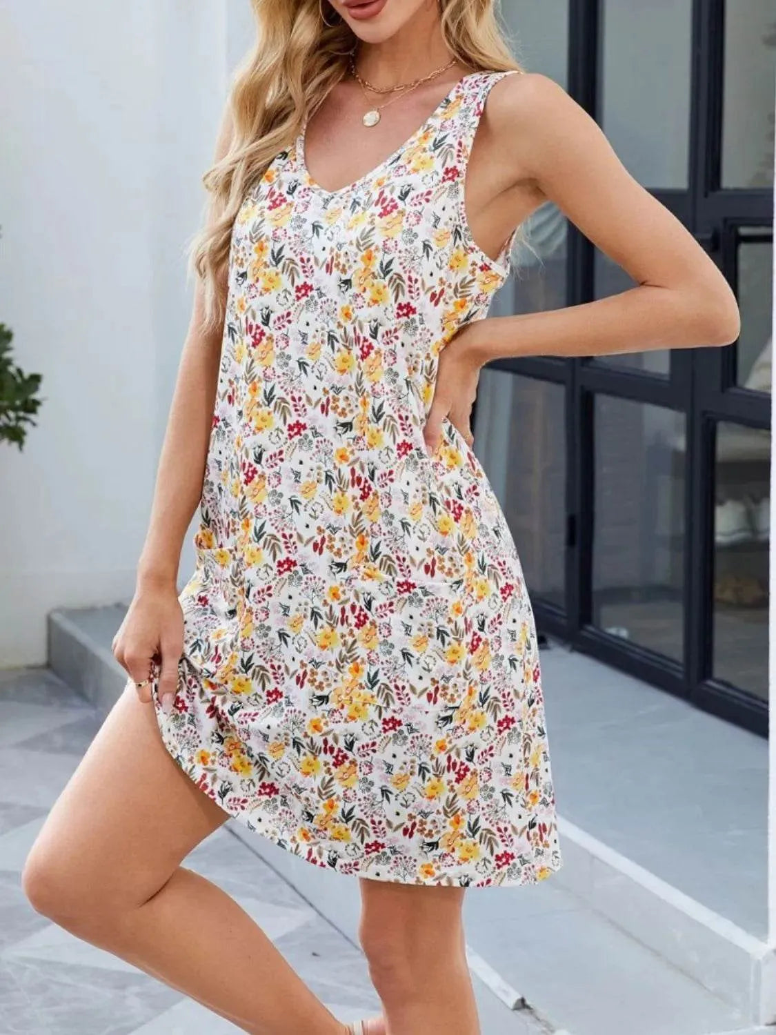 Printed V-Neck Sleeveless Mini Dress with Pockets - Bona Fide Fashion