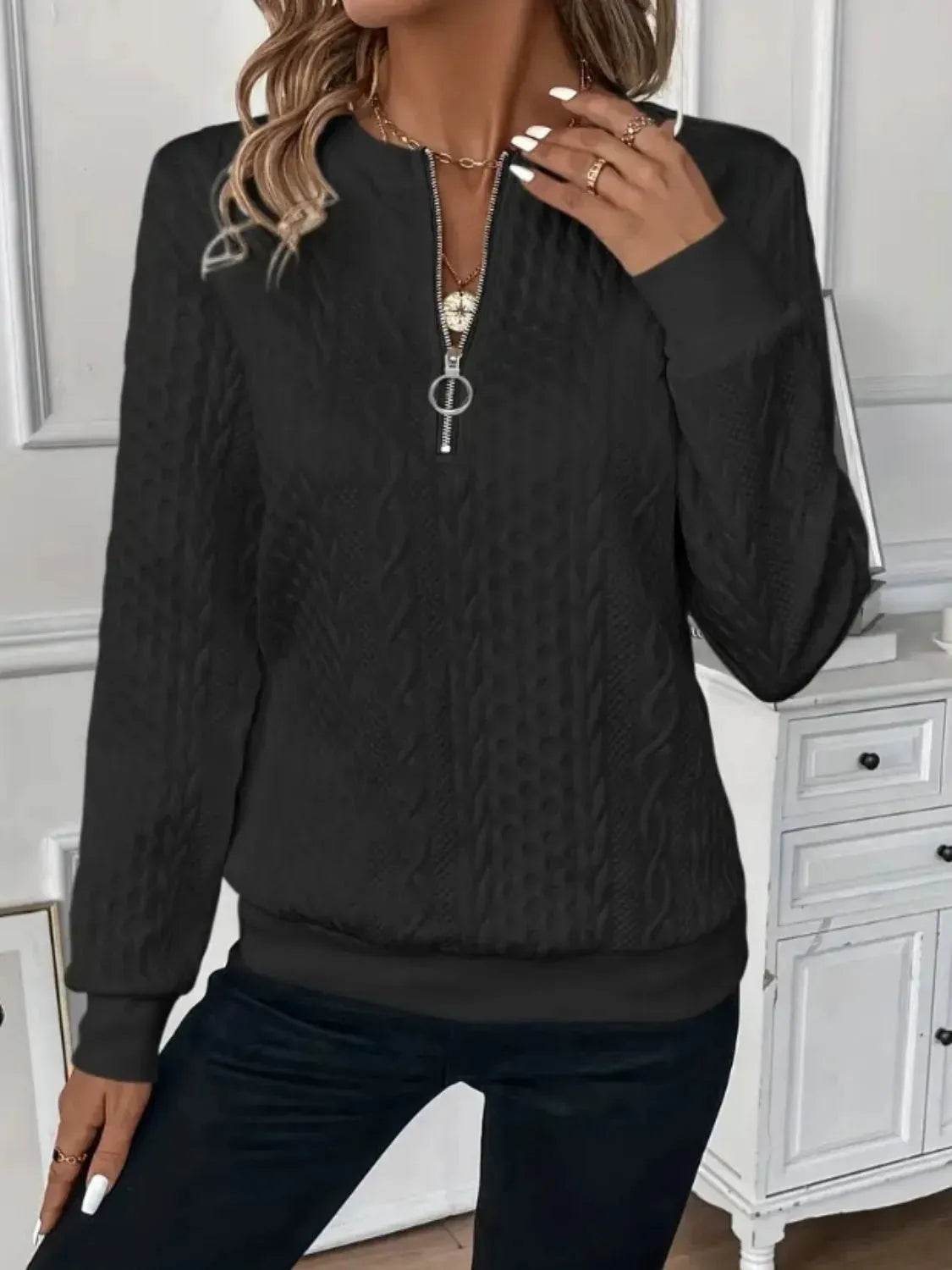 Texture Half Zip Long Sleeve Sweatshirt - Bona Fide Fashion