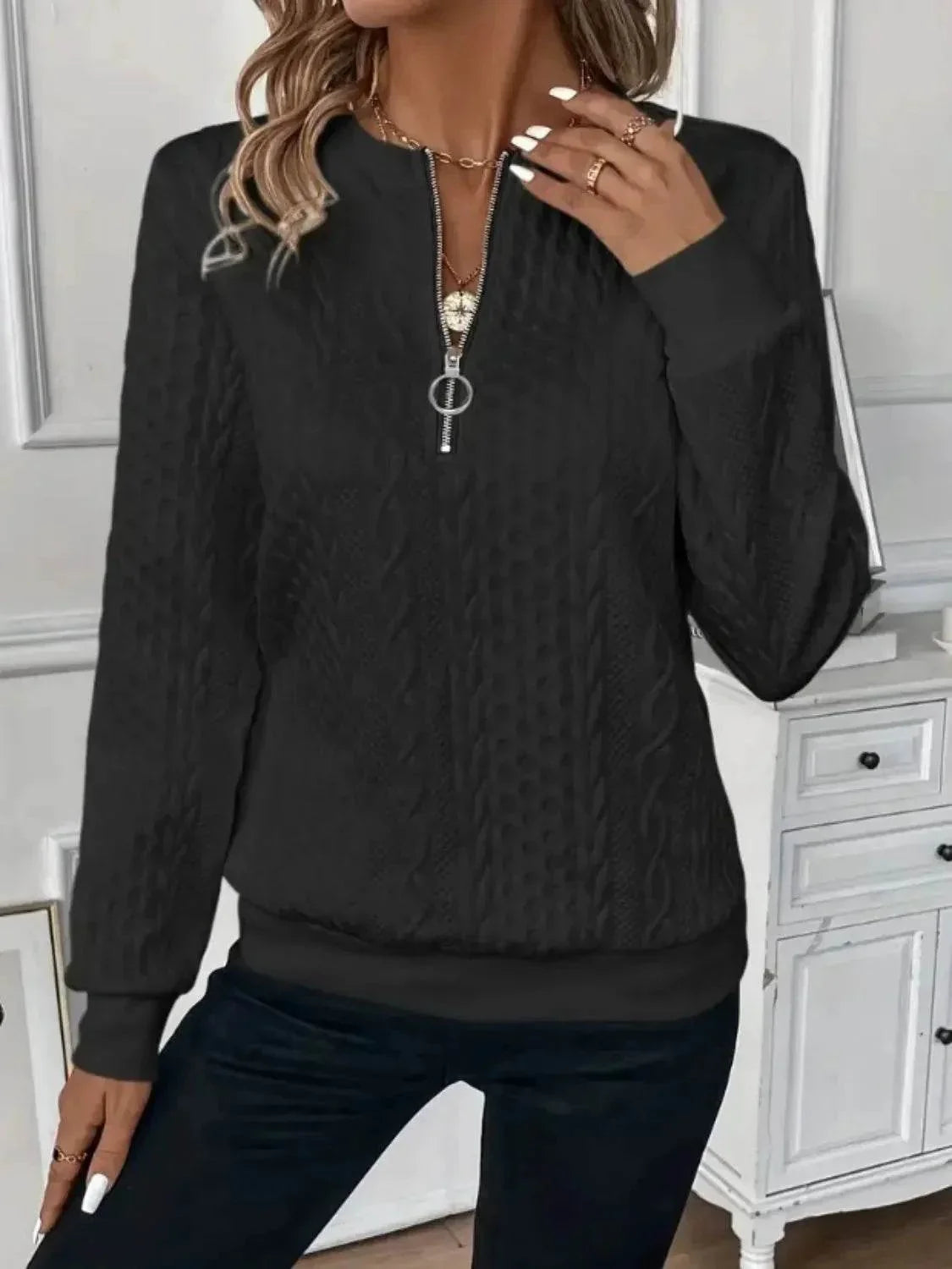Texture Half Zip Long Sleeve Sweatshirt - Bona Fide Fashion