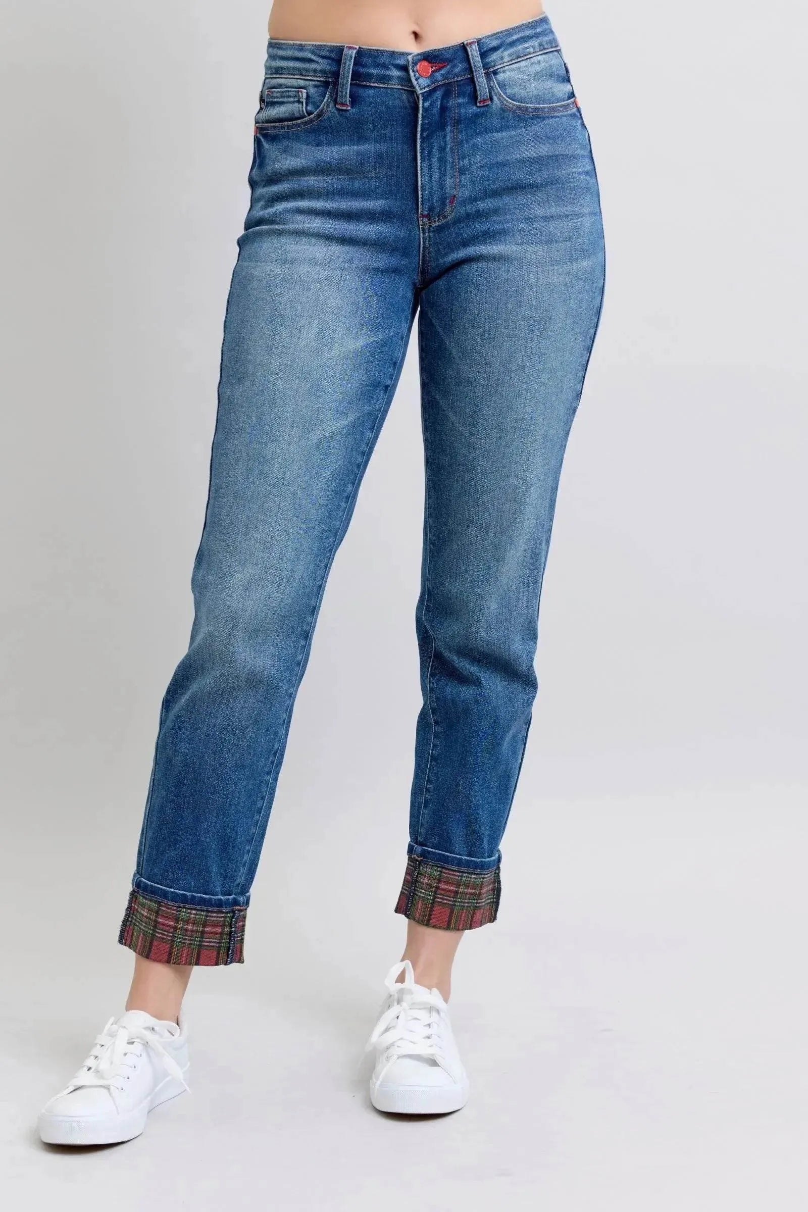 Judy Blue Full Size Plaid Print Cuff Straight Leg Jeans with Pockets - Bona Fide Fashion