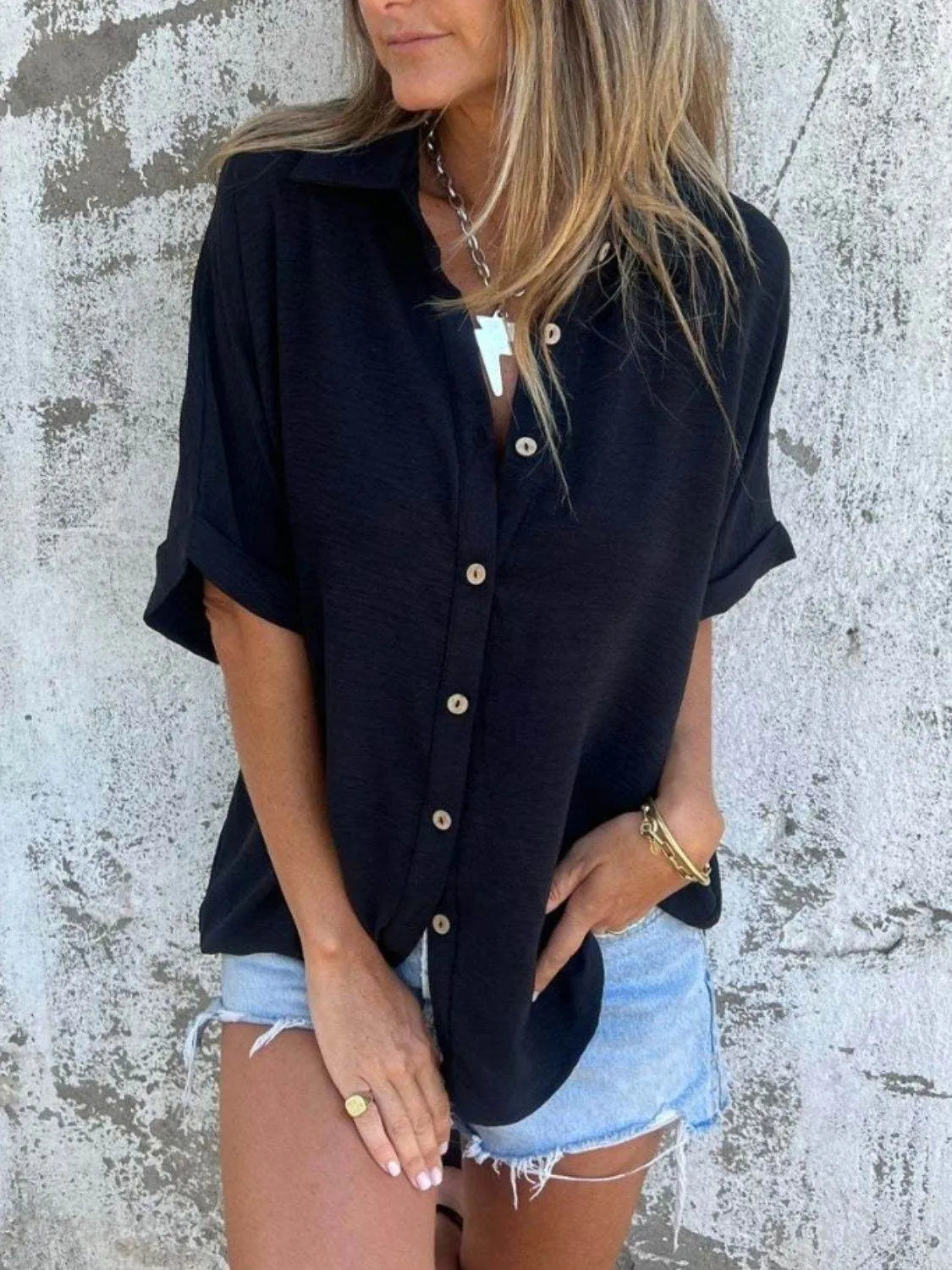 Full Size Button Down Short Sleeve Shirt Plus Size - Bona Fide Fashion