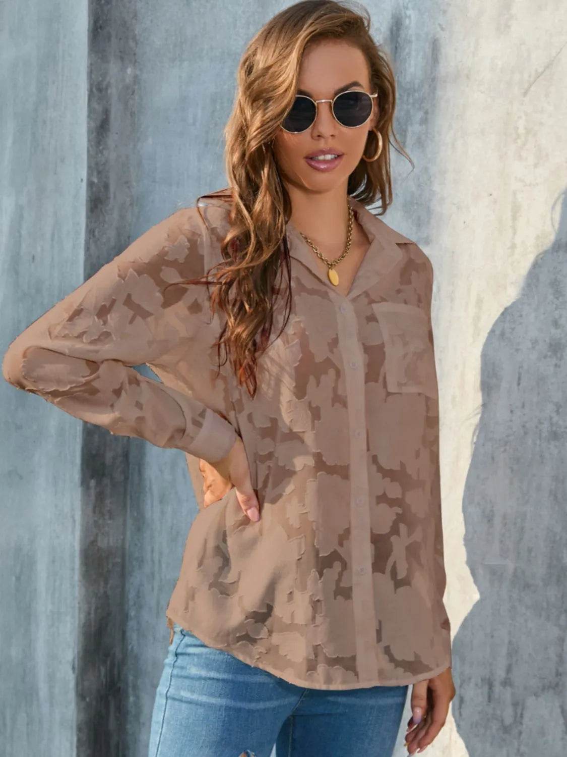 Full Size Collared Neck Long Sleeve Shirt Plus Size - Bona Fide Fashion