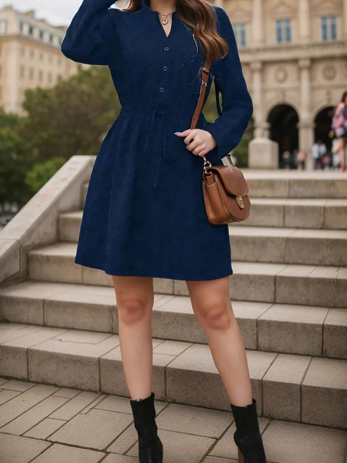 Drawstring Waist Notched Long Sleeve Dress - Bona Fide Fashion