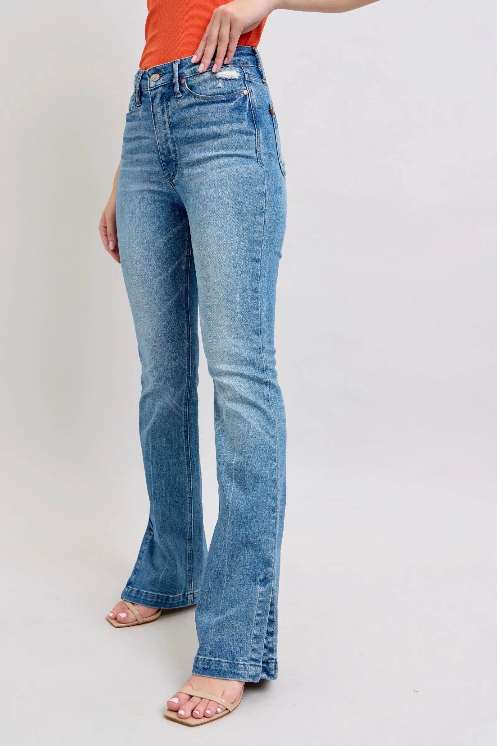 Judy Blue HW Tummy Control Vintage Wash Side Slit Slim Boot Jeans - Bona Fide Fashion
