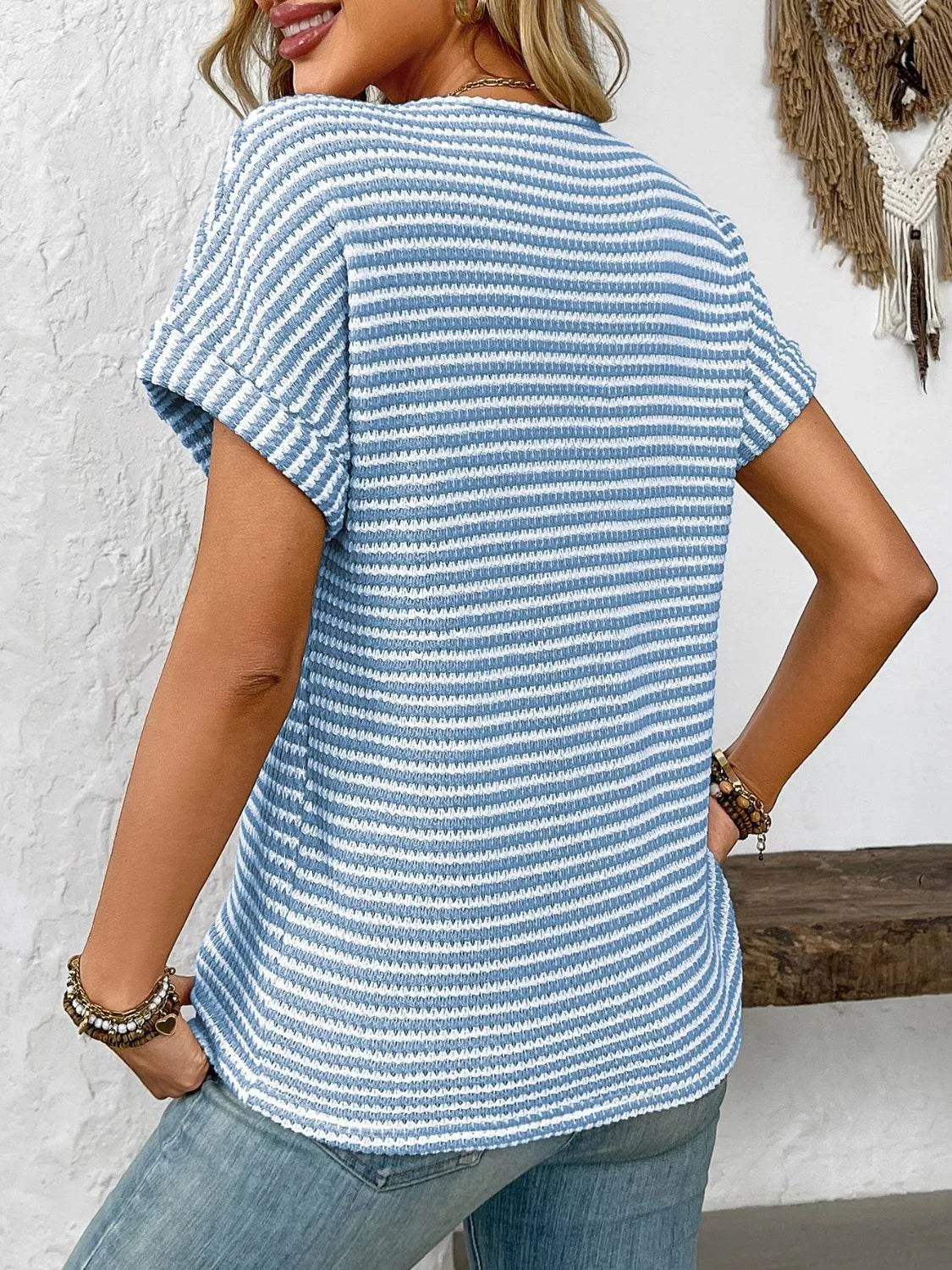 Striped Notched Short Sleeve T-Shirt - Bona Fide Fashion
