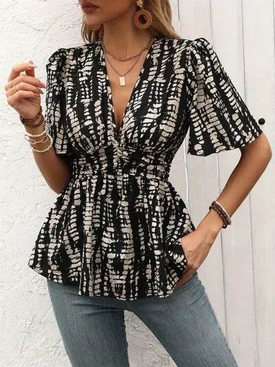 Printed V-Neck Half Sleeve Blouse - Bona Fide Fashion