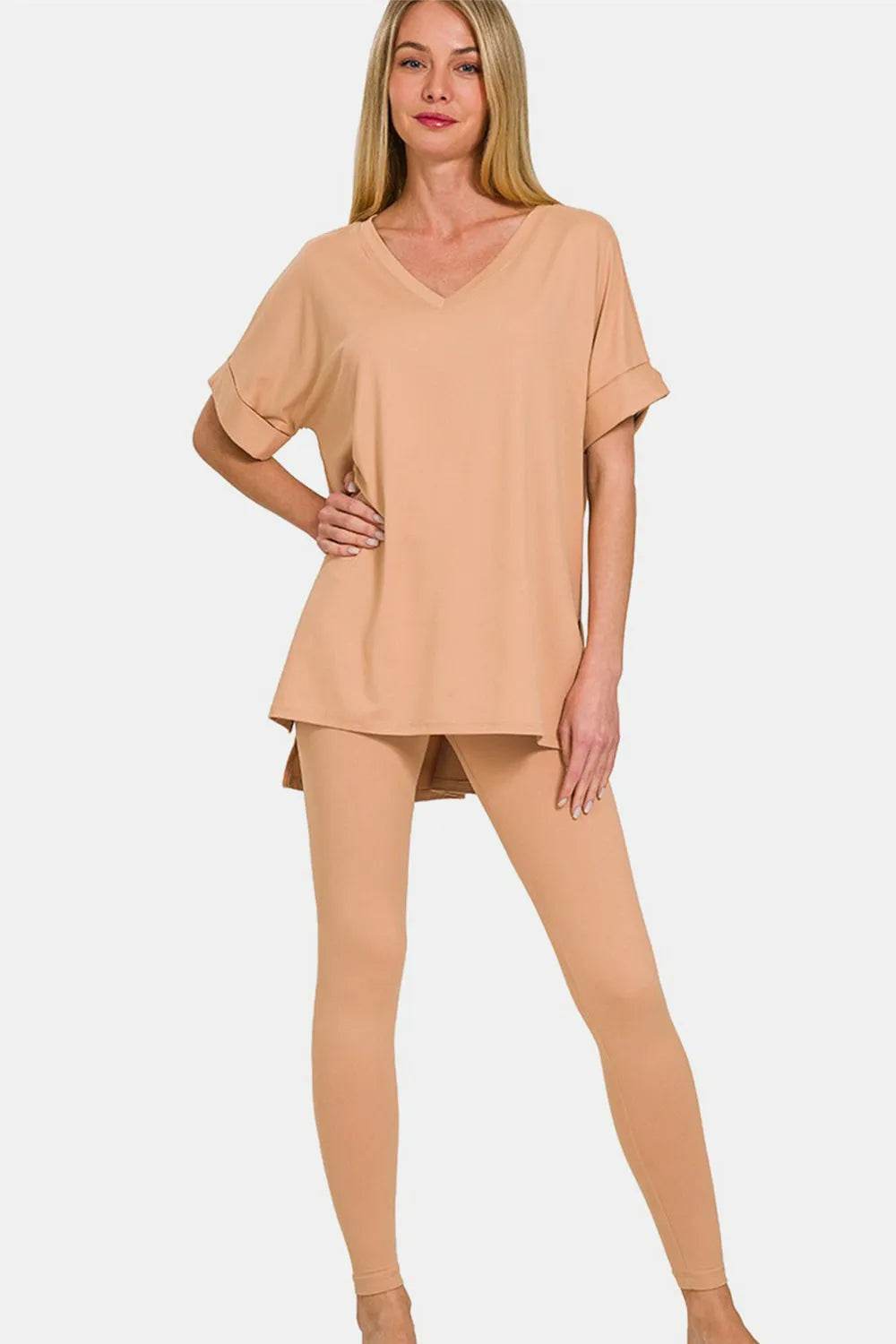 Zenana Full Size V-Neck Rolled Short Sleeve T-Shirt and Leggings Lounge Set - Bona Fide Fashion