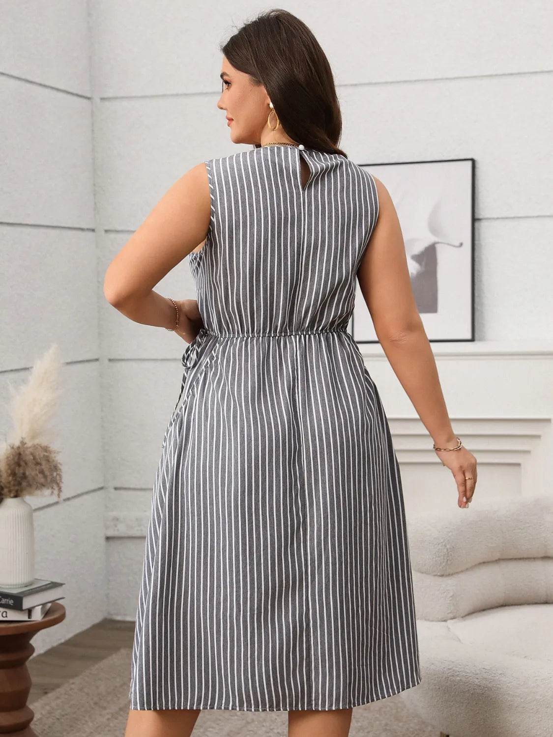 Plus Size Striped Round Neck Sleeveless Dress - Bona Fide Fashion