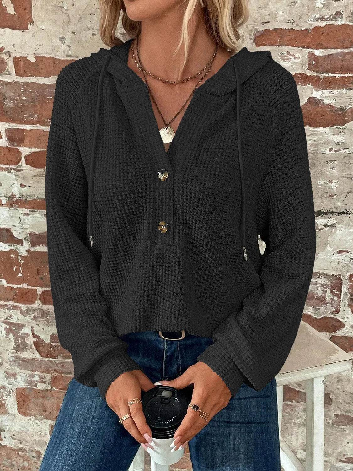 Waffle Knit Long Sleeve Drawstring Hooded Top - Bona Fide Fashion