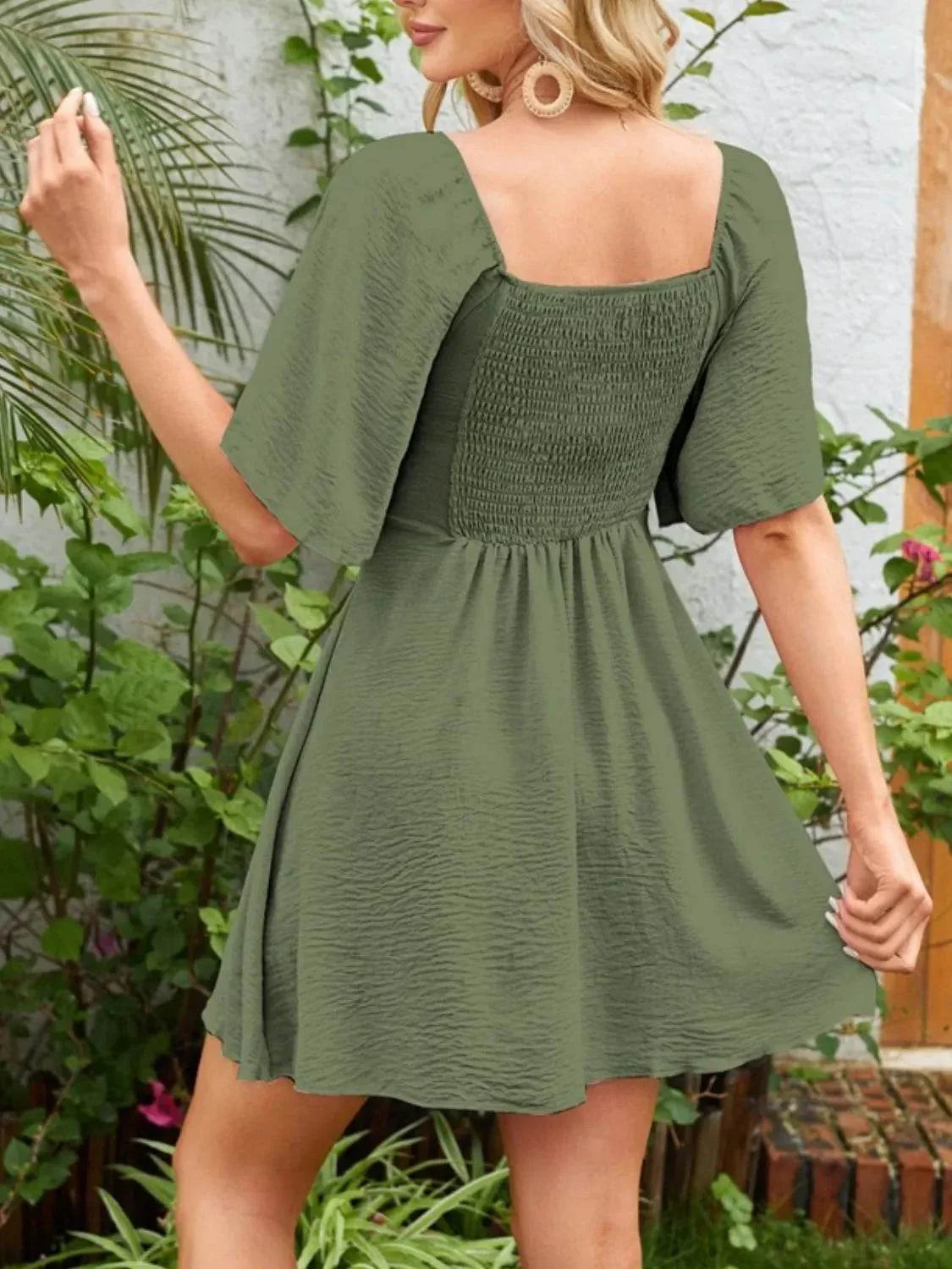 Smocked Back Knotted Flutter Sleeve Dress - Bona Fide Fashion
