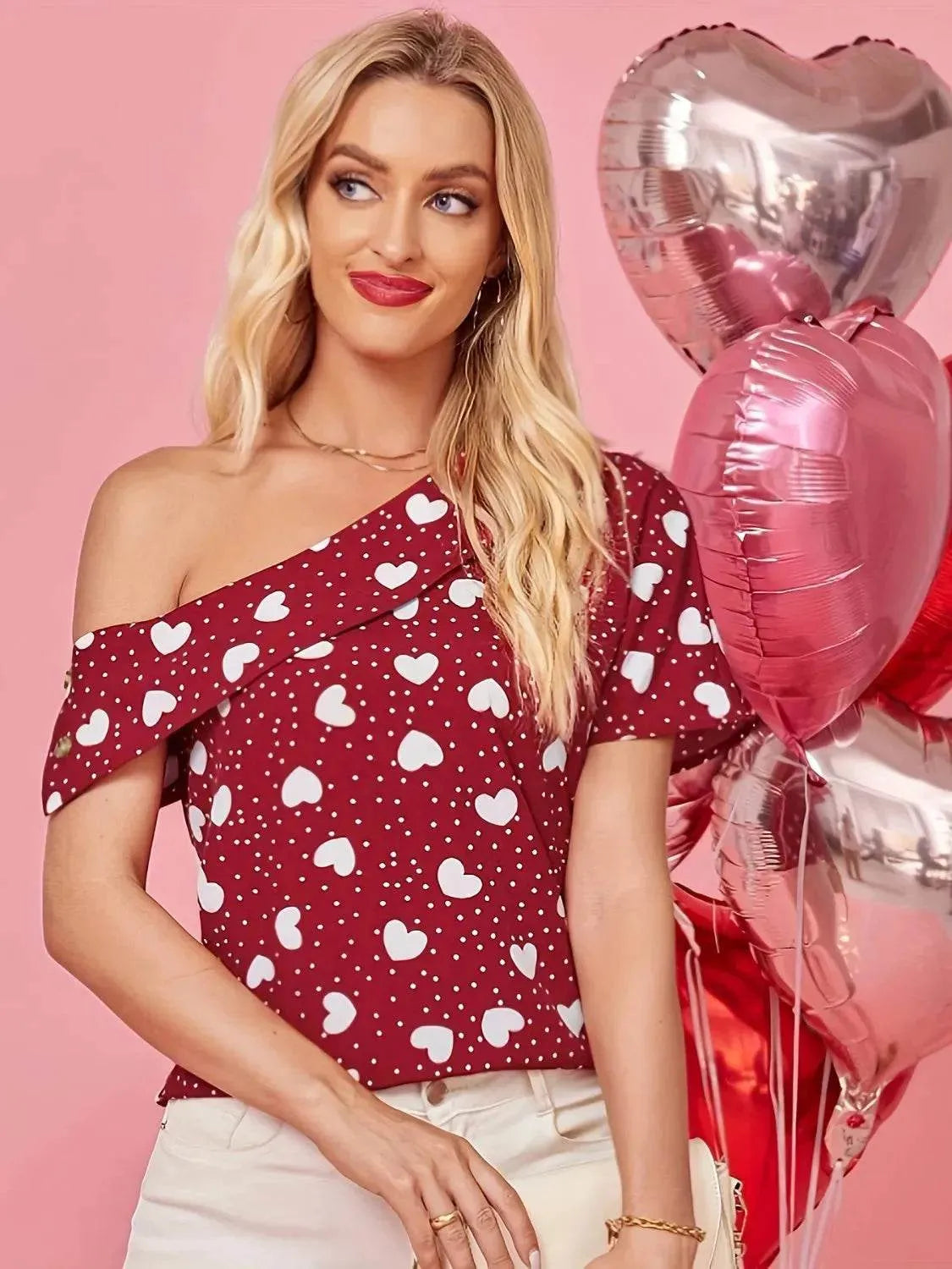 Heart One Shoulder Short Sleeve T-Shirt - Bona Fide Fashion