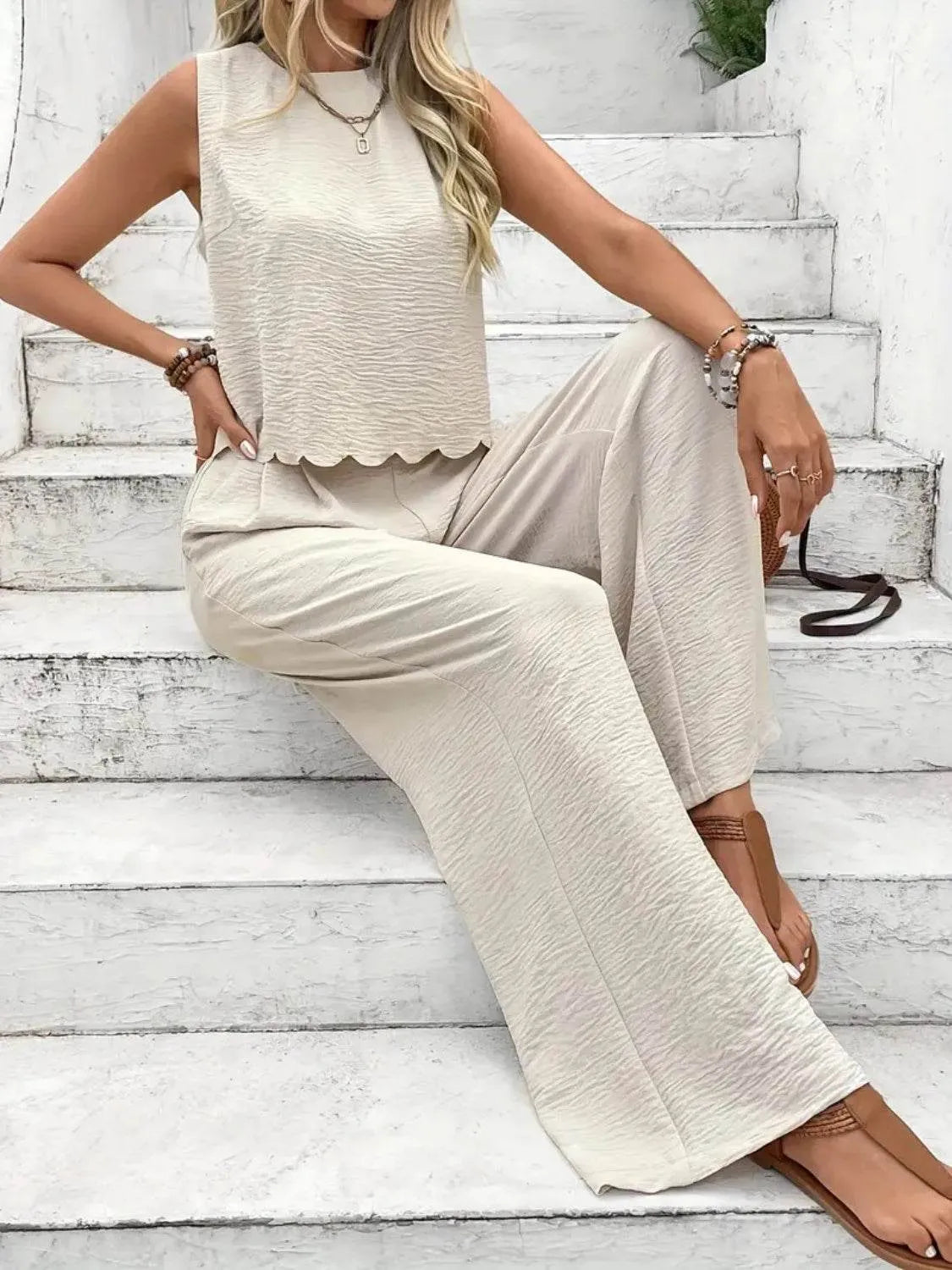 Tie Back Round Neck Top and Pants Set - Bona Fide Fashion
