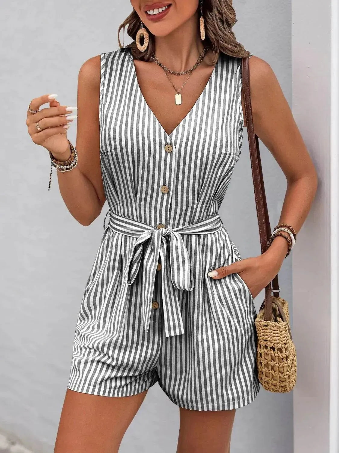 Perfee Striped V-Neck Tie Waist Romper – Cute & Casual One-Piece Outfit for Women - Bona Fide Fashion