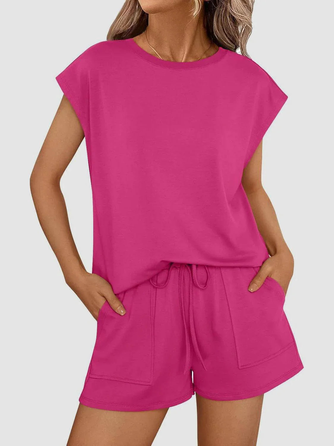 Round Neck Cap Sleeve Top and Shorts Set - Bona Fide Fashion