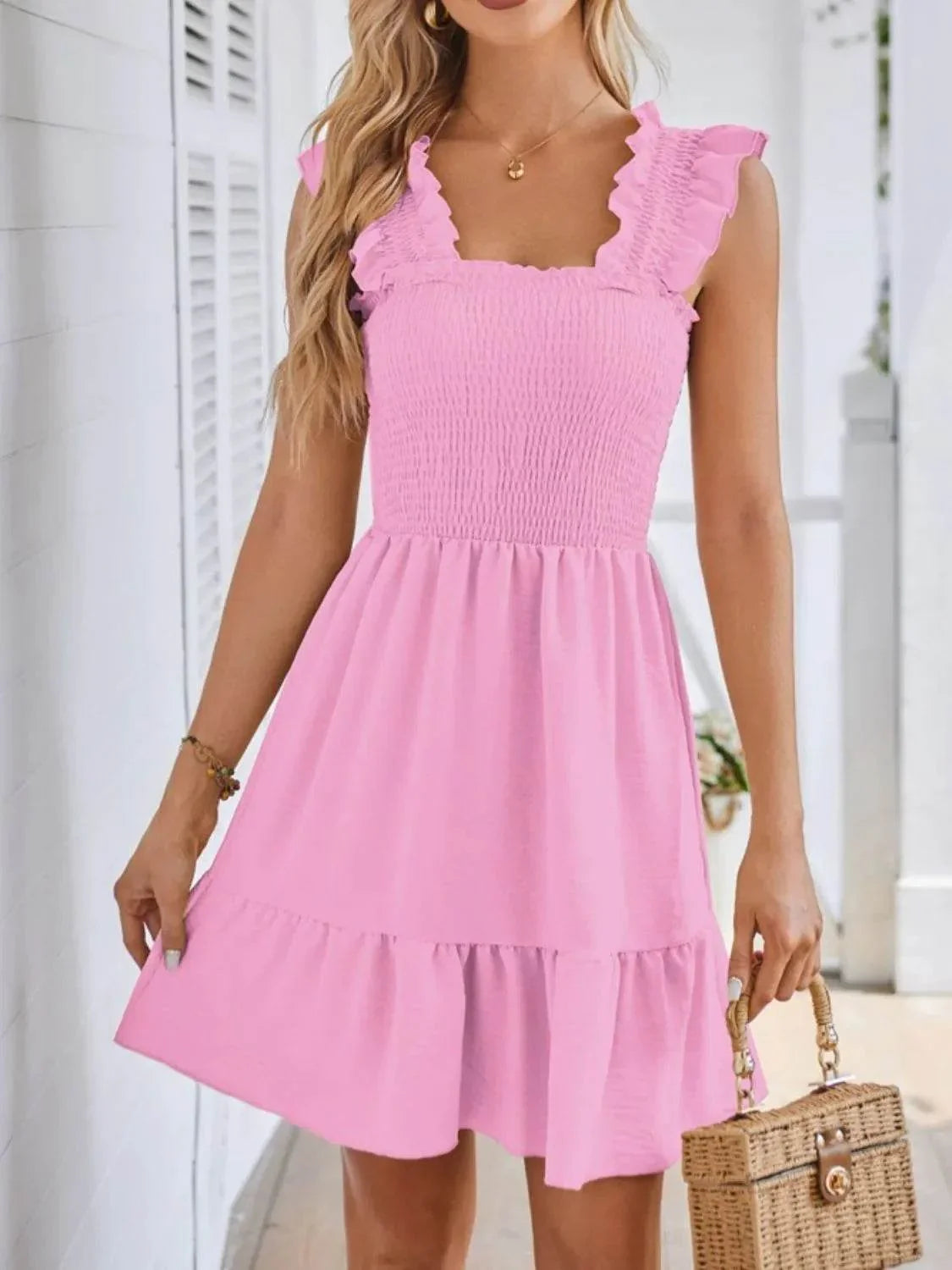 Smocked Square Neck Wide Strap Dress - Bona Fide Fashion