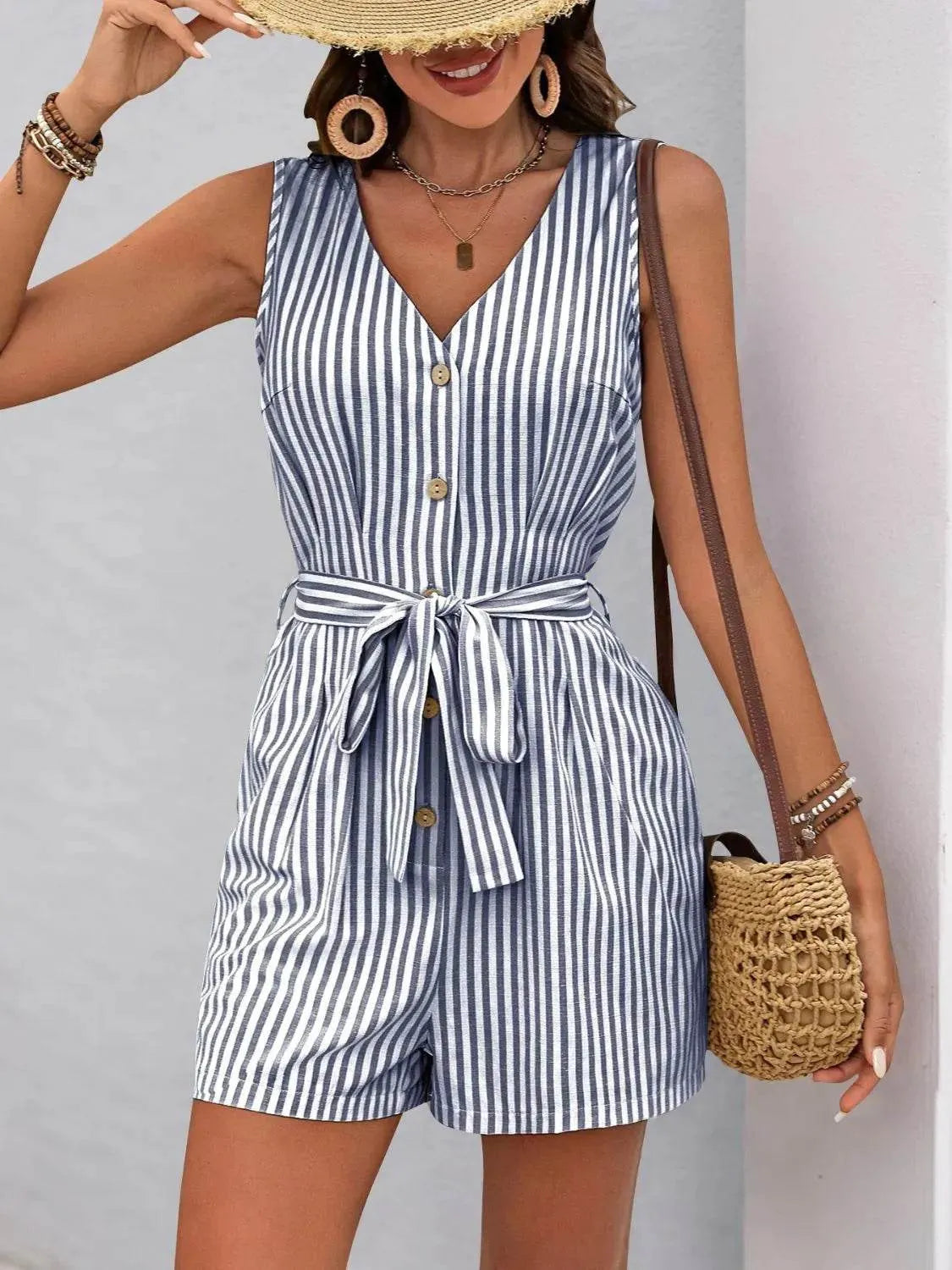 Perfee Striped V-Neck Tie Waist Romper – Cute & Casual One-Piece Outfit for Women - Bona Fide Fashion