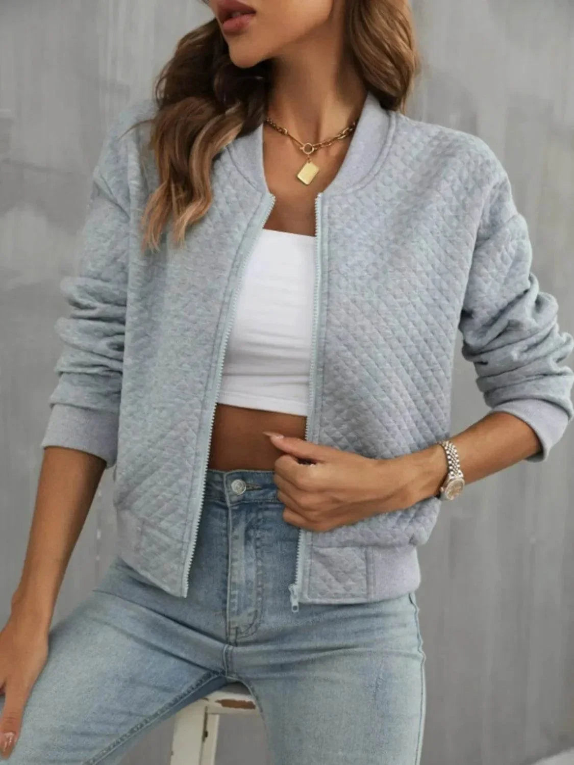 Zip Up Long Sleeve Jacket - Bona Fide Fashion