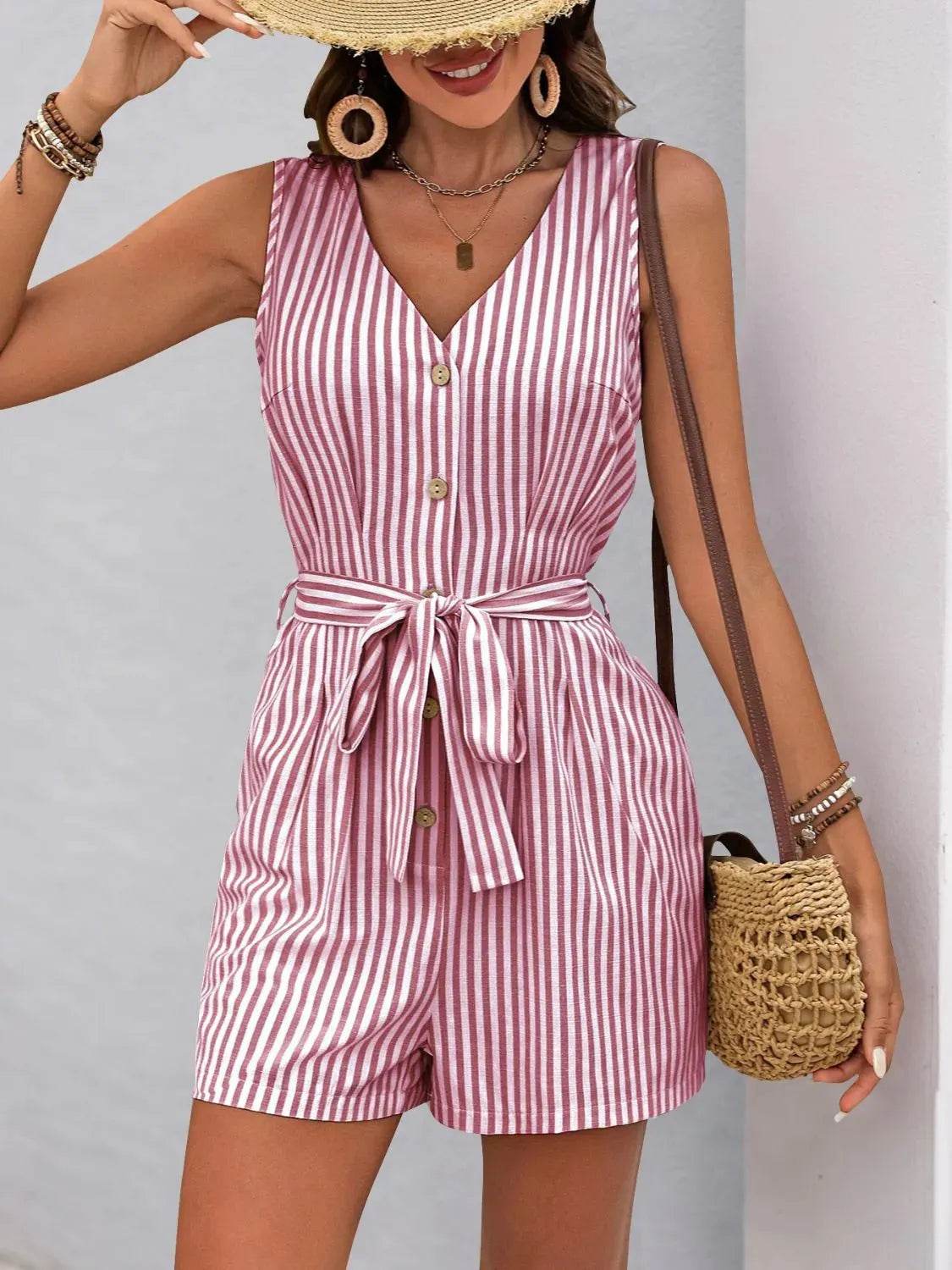 Perfee Striped V-Neck Tie Waist Romper – Cute & Casual One-Piece Outfit for Women - Bona Fide Fashion