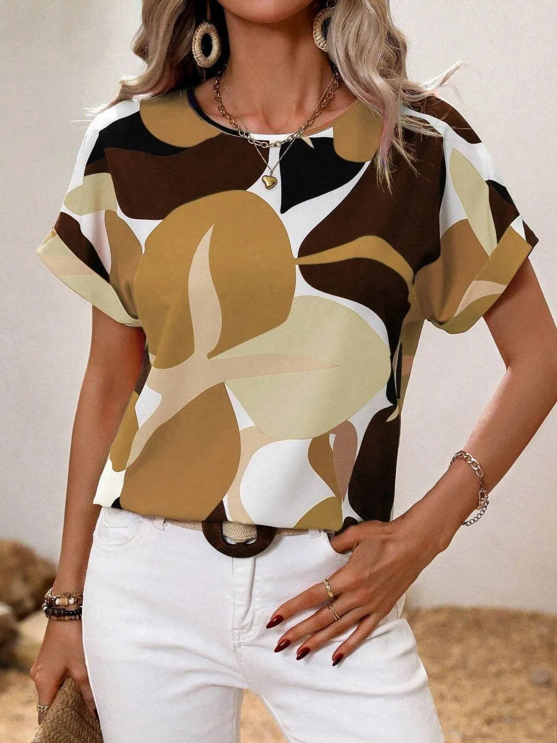 Contrast Round Neck Short Sleeve Blouse - Bona Fide Fashion