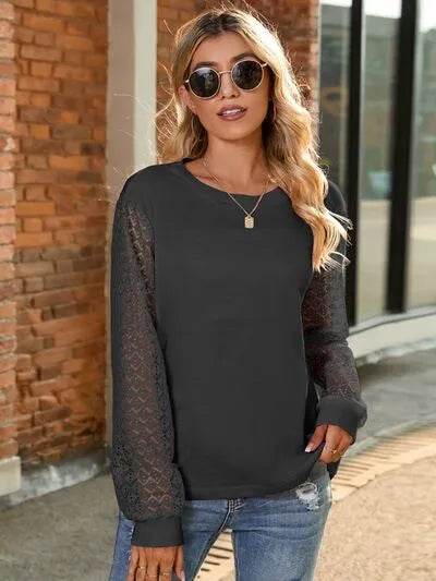 Full Size Round Neck Lace Long Sleeve T-Shirt Plus Size - Bona Fide Fashion