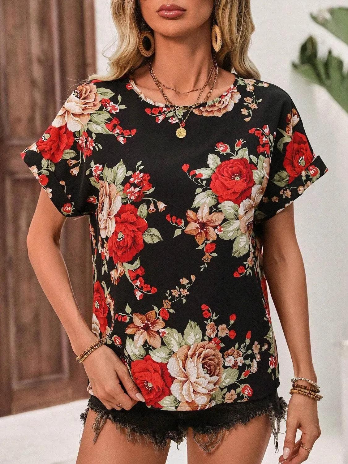 Contrast Round Neck Short Sleeve Blouse - Bona Fide Fashion