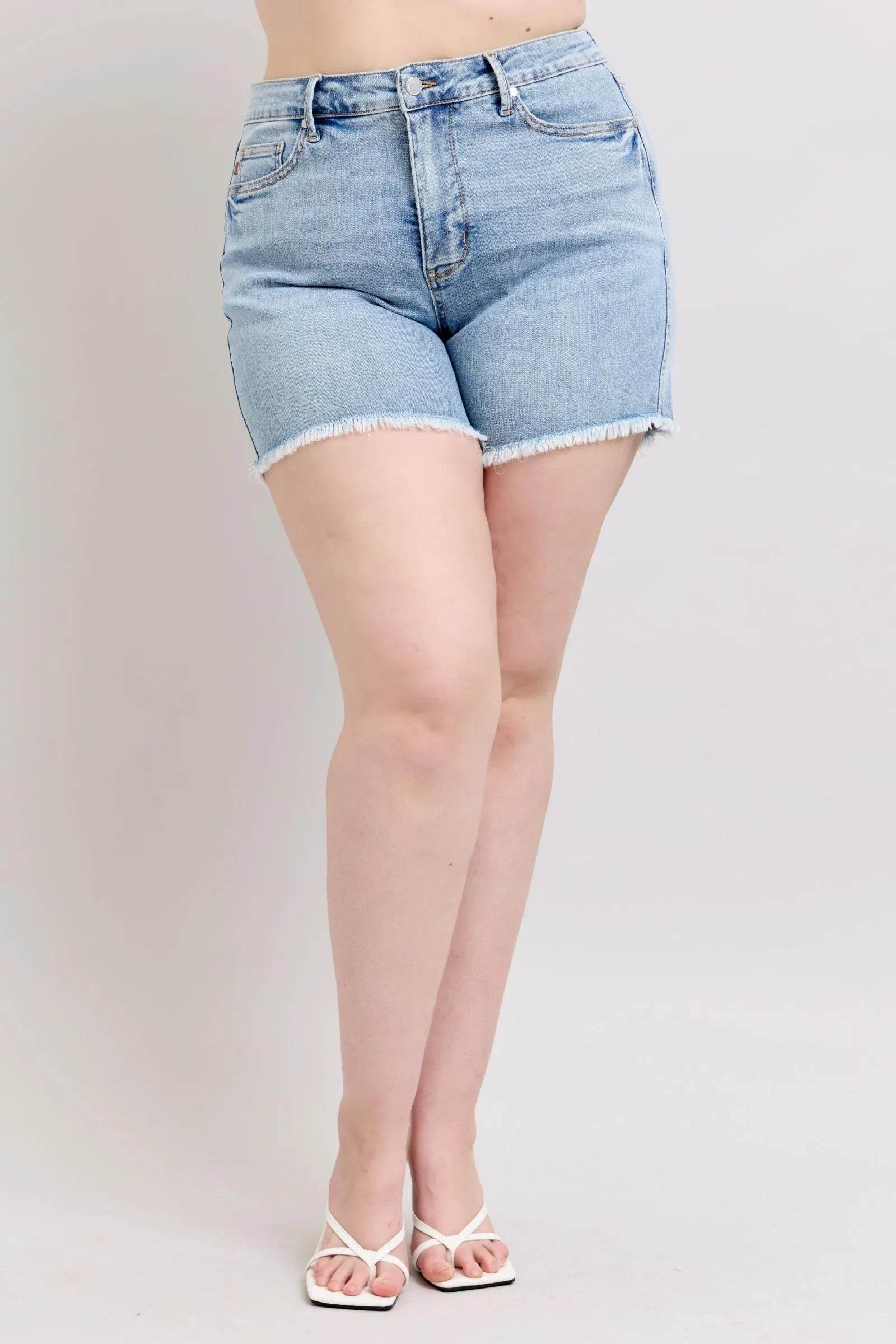 Judy Blue Full Size Tummy Control Raw Hem Denim Shorts Plus Size - Bona Fide Fashion