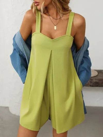 Mandy Sweetheart Neck Wide Strap Romper with Pockets - Bona Fide Fashion
