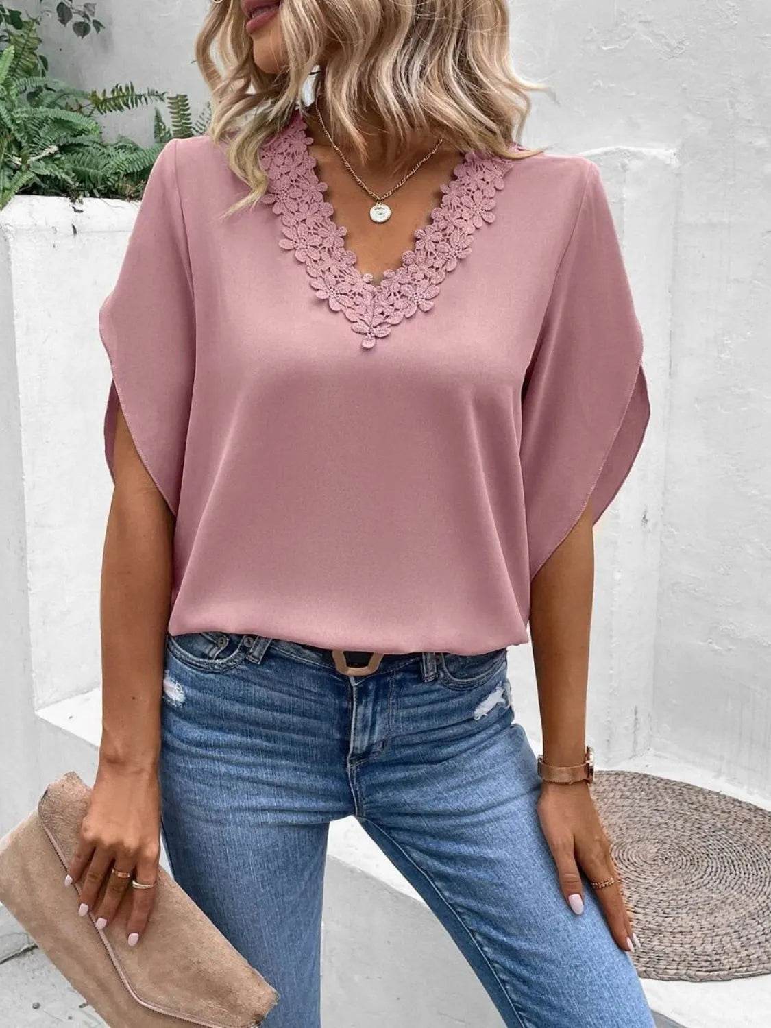 Lace Detail V-Neck Half Sleeve Blouse - Bona Fide Fashion