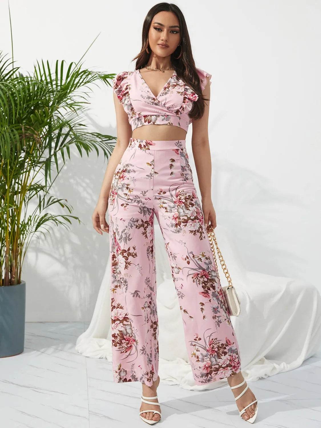 Honey Printed Surplice Cap Sleeve Top and Pants Set - Bona Fide Fashion