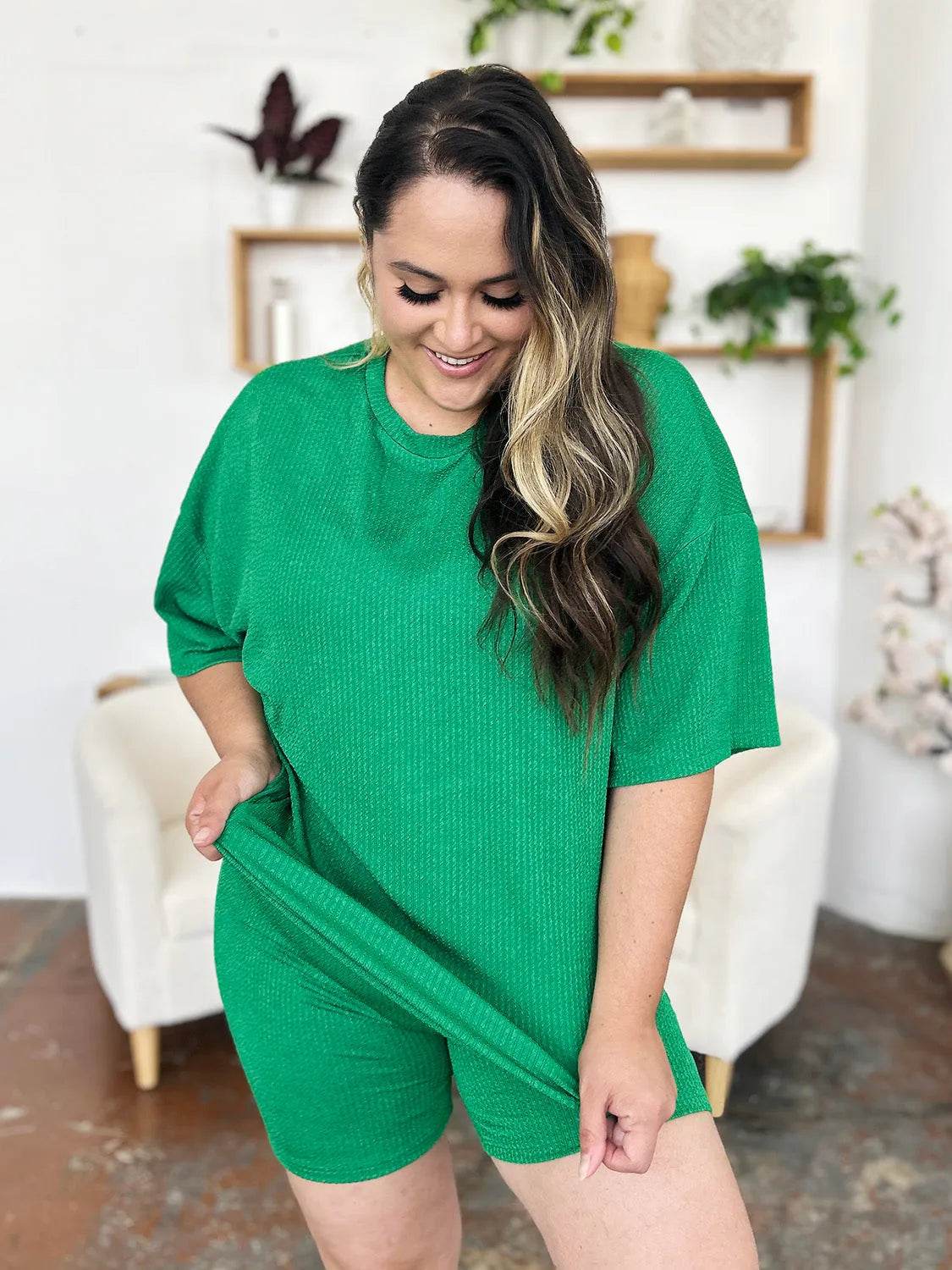 Double Take Full Size Texture Round Neck Drop Shoulder T-Shirt and Shorts Set - Bona Fide Fashion